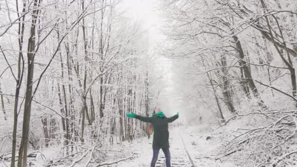 雪に覆われた木々は 鉄道のコースを歩く女性にとって素晴らしい背景を作り出し 喜びと幸せを与えます 冬には 新年とクリスマスの休日を楽しんで 少女は散歩に行きます — ストック動画