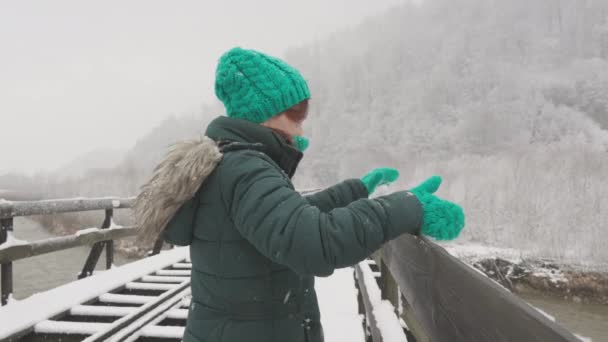 雪に覆われたコース上の少女は 街の騒音を忘れ 屋外レクリエーションの瞬間を楽しむために提供しています 自然の美しさを賞賛する冬の橋のロマンチックな雰囲気 — ストック動画