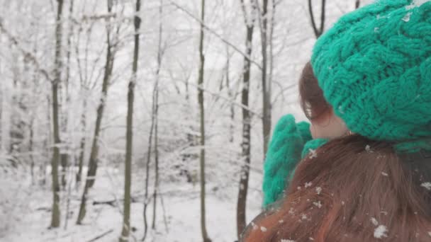 寒假正如火如荼 一个女人在大自然中休息 享受冬天的美丽和新鲜空气 冬日的田园诗 一个年轻的女孩在一个风景如画的白雪覆盖的森林里散步 — 图库视频影像