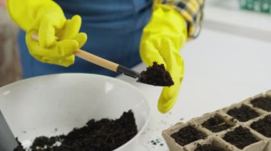 Mikroçim yetiştirmek ilginç bir hobi ve kendini ifade etmenin bir yolu. Koruyucu eldivenli bir kadın bir konteynırın içinde yere uzanır, mikro yeşillikler hazırlar, ekmek için lezzetli ve sağlıklı yiyecekler.
