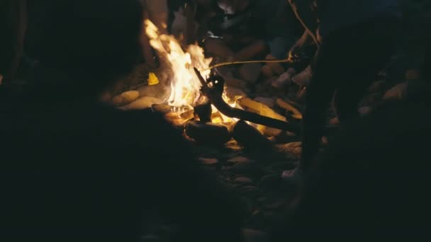 Відео Передає Тепло Затишок Коли Друзі Збираються Навколо Вогню Насолоджуючись — стокове відео