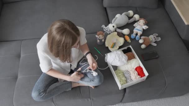 一个才华横溢的女人编织阿弥陀罗 创造出柔软的玩具 一个女人用平静和柔情编织着阿弥陀佛 帮助孩子们在他们柔软的玩具的臂弯中找到快乐 高质量的4K镜头 — 图库视频影像