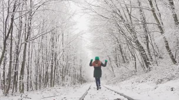 新年和圣诞佳节的迷人气氛笼罩着一个快乐的女孩 她在雪地覆盖的铁道上漫步 雪地覆盖的林间小径让人叹为观止 一个女人在冬天 — 图库视频影像