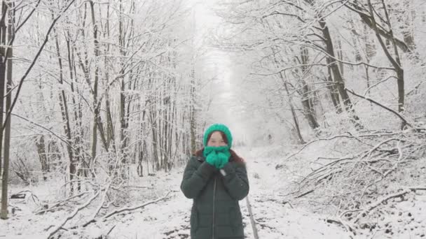 在一个被雪覆盖的迷人的森林里 一个年轻的女人在户外散步 享受着冬天的气氛和假期 一个女人在雪地的铁轨上欢快地走着 欣赏着冬日的美景 — 图库视频影像