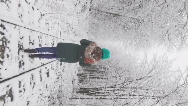クリスマスと新年の魔法の雰囲気は 鉄道線路が通過する雪に覆われた森を歩く女性を伴います 冬と雪が降る男の垂直ビデオ — ストック動画