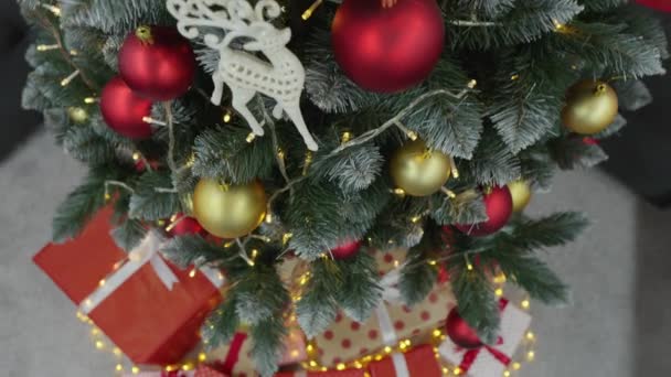 期待に満ちたクリスマスツリーの美しさと贈り物は 絶え間ない喜びと楽しみの雰囲気を作り出します 装飾的な休日 装飾されたクリスマス ツリーおよびライトはこのお祝いにクリスマスの輝きを加えます — ストック動画