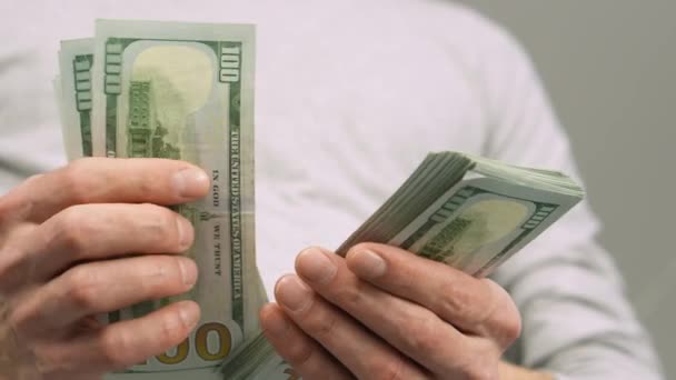 Befektető Gondosan Tanulmányozza Bankjegyeket Kiemelve Befektetéseinek Fontosságát Vagyonkezelés Képességét Dollár — Stock videók