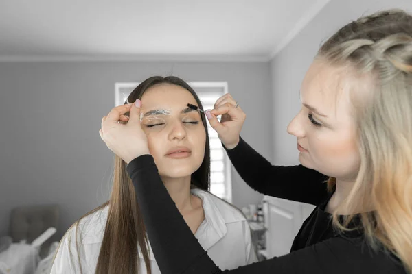 A professional eyebrow designer in a beauty salon creates the perfect eyebrow shape for his client. The makeup artist carefully corrects and models eyebrows, giving the womans face an unsurpassed