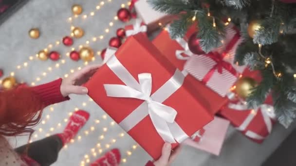 여자는 아래에 감싸인 선물을 크리스마스 트리의 마법의 분위기에서 여자는 사랑스럽게 — 비디오