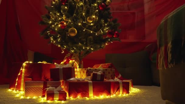 Magia Los Deseos Navidad Árbol Navidad Decorado Con Regalos Abre — Vídeos de Stock