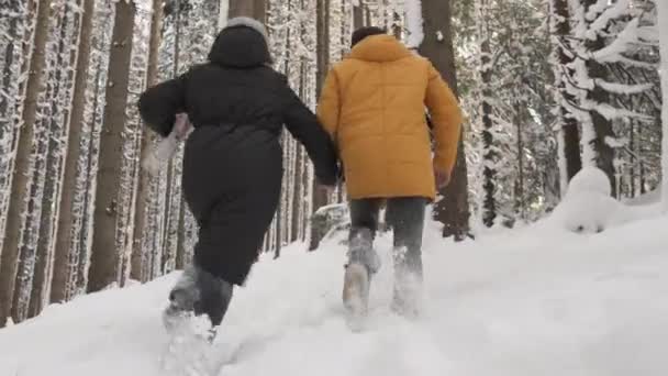 Hombre Una Mujer Corren Por Bosque Invernal Nieve Tomados Mano — Vídeos de Stock