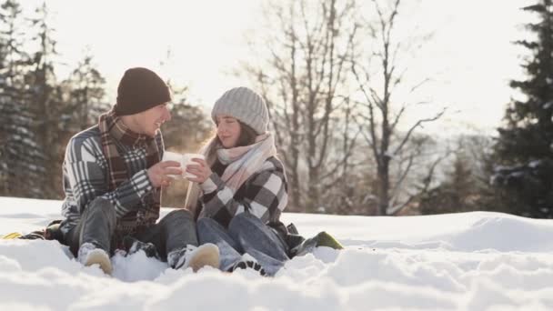 在冬季大自然的雪白的毛毯下 这对夫妇享受野餐 热饮和温存的爱情 男人和女人坐在毛毯上休息寒假 — 图库视频影像
