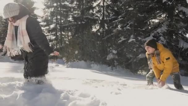 Juventud Alegría Entrelazan Como Hombre Una Mujer Juegan Bolas Nieve — Vídeos de Stock