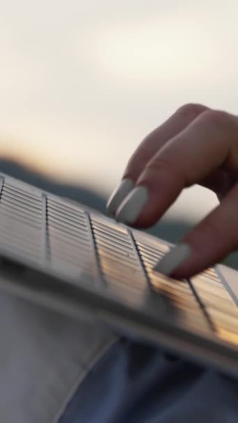 Wanita Dengan Laptop Dekat Kincir Angin Aspek Teknis Dalam Menciptakan — Stok Video