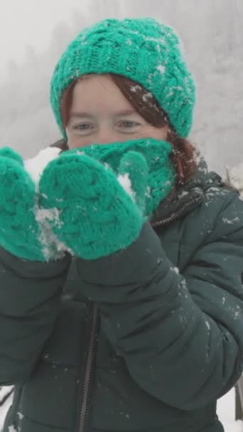 Den Fantastiske Skjønnheten Til Vintervandring Broen Med Snøaktig Bakgrunn Fjellene – stockvideo