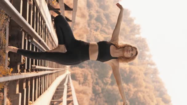 在自然界中 在秋天 一个女人专注于练习瑜伽 创造了身体和精神的平衡 户外运动包括能改善身体健康和精神状态的瑜伽姿势 — 图库视频影像