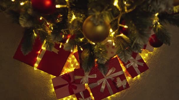クリスマスツリーは新しい衣装で輝き その下の贈り物はすでに所有者が秘密を明らかにするのを待っています 新年の装飾と祝祭と冬の雰囲気 アメリカ合衆国大統領 — ストック動画
