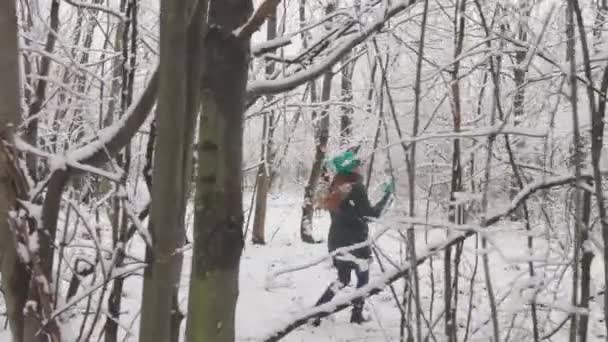 若い女性が雪の森の真ん中に散歩し 周囲を大いに賞賛しています 冬の森はその美しさに印象的で 自然の一部のように感じられます ジョイ シャインズ — ストック動画