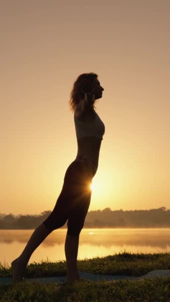冥想的早晨 日出时在大自然中练习瑜伽的女人 一个女人在自然界的瑜珈中找到了和平与平衡 心理和身体健康与能量激增垂直视频 高质量的 — 图库视频影像