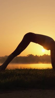 Yojik asanaların doğadaki performansında hareketlerin kolaylığı ve zerafeti. Bir kadın doğal bir ortamda yoga sırasında rahatlar ve sakin kalır. Gündoğumu siluetinde dikey kadın videosu