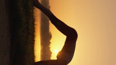 Yojik asanaların doğadaki performansında hareketlerin kolaylığı ve zerafeti. Bir kadın doğal bir ortamda yoga sırasında rahatlar ve sakin kalır. Gündoğumu siluetinde dikey kadın videosu