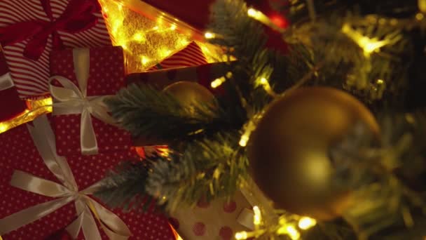 圣诞树上放着一套新衣服 圣诞树下的礼物已经在等待主人透露它们的秘密 新年装潢 喜庆冬季的气氛 — 图库视频影像