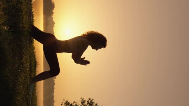 瑜伽作为一种实现身体和精神和谐的工具 一个女人在她的自然环境中发现了瑜伽的魔力 日出时自我完善和心理物理学发展的垂直视频 — 图库视频影像