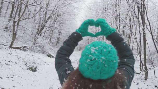 Zimie Tle Magicznego Pokrytego Śniegiem Lasu Młoda Kobieta Idzie Spacer — Wideo stockowe