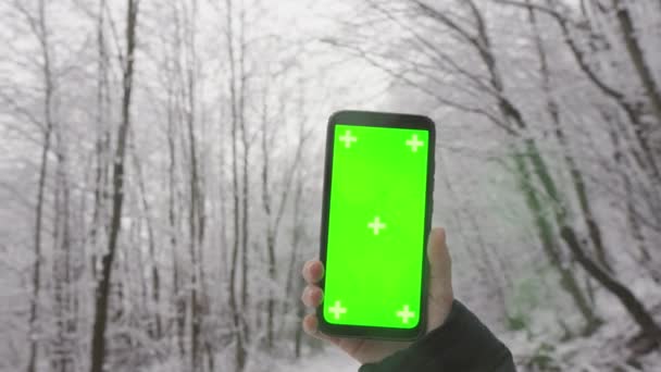 在被雪覆盖的树木背景下 一个女孩手中的智能手机上的彩色键的效果 男人手里拿着绿色的手机屏风 网上购买和预订 — 图库视频影像
