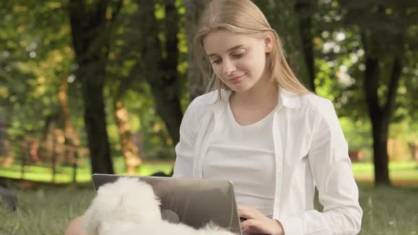 宁静的公园景观 一个年轻的女学生带着笔记本电脑学习 在附近照看着一只快乐的狗 公园里的女孩 被绿色的夏天包围着 沉浸在学习和使用笔记本电脑的工作中 — 图库视频影像