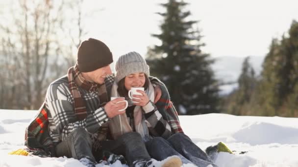 Warm Blanket Young Couple Enjoys Moments Together Talking Laughing Savoring — Stock Video