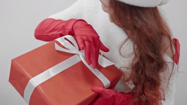 Dressed Red Beautiful Woman Expresses Her Festive Mood Receiving Gift — Stock Video