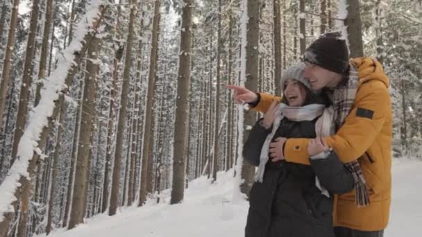 Aşık Bir Çift Ormanda Romantik Bir Yürüyüş Sırasında Güzel Kış — Stok video