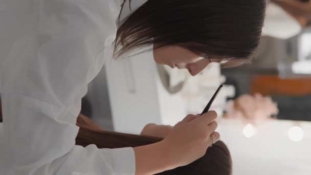 Beautician Working Vertical Video Demonstrates Final Stage Procedure Emphasizing Perfect — Stock Video