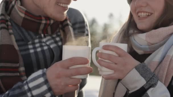 Vacaciones Invierno Para Dos Con Una Bebida Caliente Sus Manos — Vídeos de Stock