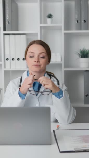 Tired Doctor Working Day Scowling Leaning Table Resting Hard Work — Stock Video