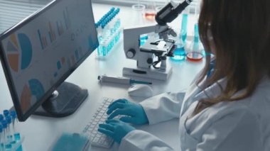 Bilimsel kimya laboratuvarında, biyokimyacı yenilikçi ilaç çözümleri yaratmak için aktif olarak deneyler yürütüyor. Mikroskop altında moleküler yapıları inceliyor.