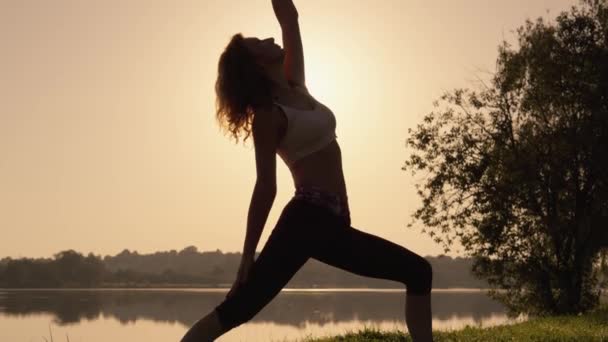 Armonía Energética Una Clase Yoga Junto Río Para Enfoque Relajación — Vídeos de Stock