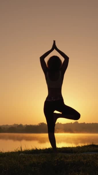 Eine Frau Praktiziert Yoga Ufer Eines Sees Auf Einem Bein — Stockvideo