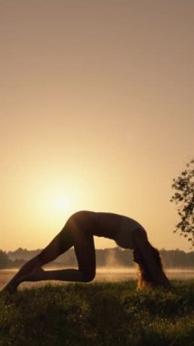 Aktif yaşam konsepti: Sessiz göl kenarında yoga yapan kadın temiz havanın ve huzurlu çevrenin tadını çıkarıyor. Yüksek kalite 4k görüntü