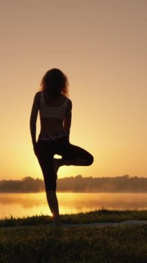 Yoga sırasında tek ayak üzerinde duran bir kadının portresi, vücudunun dengesi ve uyumu üzerine odaklanmış güç ve esneklik hissediyor. Yüksek kalite 4k görüntü