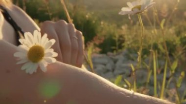 Kadın, gün batımının sıcacık ışığında papatyalarla çevrili. Doğasında huzur ve neşe yayıyor. Huzurlu manzaranın tadını çıkarıyor. Huzurlu ve huzurlu hissediyor.