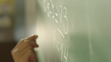 Yeşil bir karatahtaya el yazısıyla matematiksel denklemler yazan bir resim serisi. Eğitim içeriği, sınıf ayarları, matematik dersleri ve öğretmen kaynakları için ideal.