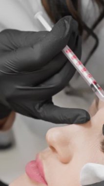 Siyah eldiven giyen bir uzman, kırışıklıkları azaltmak ve genç görünmesini sağlamak için hastanın alnına botoks yapar. İşlem titizlikle ve dikkatle gerçekleştirilir..