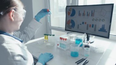 Kendini adamış bir bilim adamı laboratuvarda deneyler yapıyor. Renkli test tüpleriyle uğraşırken karmaşık verileri analiz ediyor. Modern bilimsel araştırmalar ve yenilikler sergiliyor.