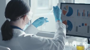 Bir laboratuvarda, beyaz önlüklü çalışkan bir araştırmacı deneyler yapar ve ekranlar üzerindeki verileri analiz eder, bilimsel araştırmaların ve toplumdaki teknolojik yeniliklerin önemini vurgular.