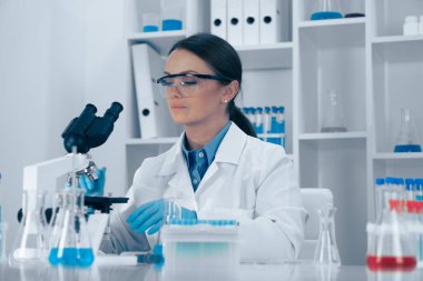 Beyaz laboratuvar önlüklü kendini adamış bir bilim adamı, mikroskop altında iyi hazırlanmış bir laboratuvarda, bilimsel araştırmanın önemini vurgulayarak, odak ve hassasiyet gösteren örnekler inceliyor.