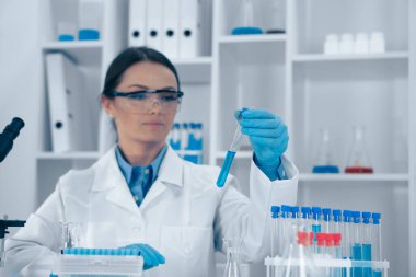 Temiz, gelişmiş bir laboratuvarda, beyaz laboratuvar önlüklü kendini adamış bir kadın bilim adamı, yüksek araştırma standartlarını yansıtan, organize ekipmanlarla çevrili canlı mavi sıvıyla dolu bir test tüpünü inceliyor.