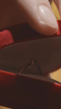 Yakın plan, içinde çarpıcı bir nişan yüzüğü olan kırmızı kadife bir yüzük taşıyan iki eli gösteriyor. Sevgililer Günü 'nde aşk ve bağlılığı simgeliyor. Romantik ifadelerin zamanı.