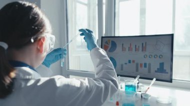 Parlak bir laboratuvarda, beyaz önlüklü ve eldivenli bir bilim adamı yakındaki bir bilgisayardaki verileri analiz ederken bir pipetle deneyler yapar ve sağlık ve bilim araştırmalarına önemli ölçüde katkıda bulunur.